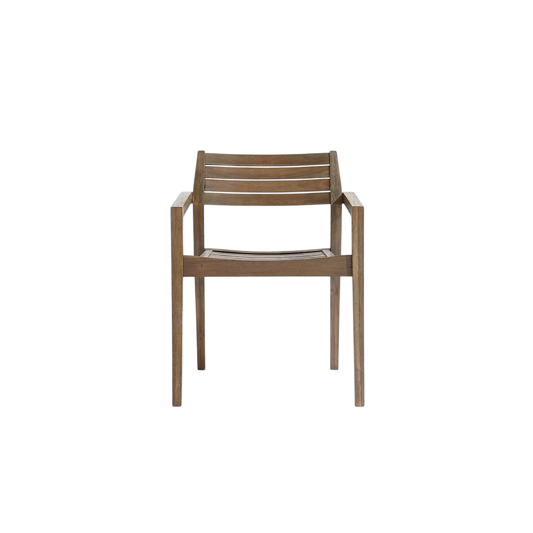Modern wooden outdoor chair with armrests, crafted from weather-resistant materials, placed on a patio.
