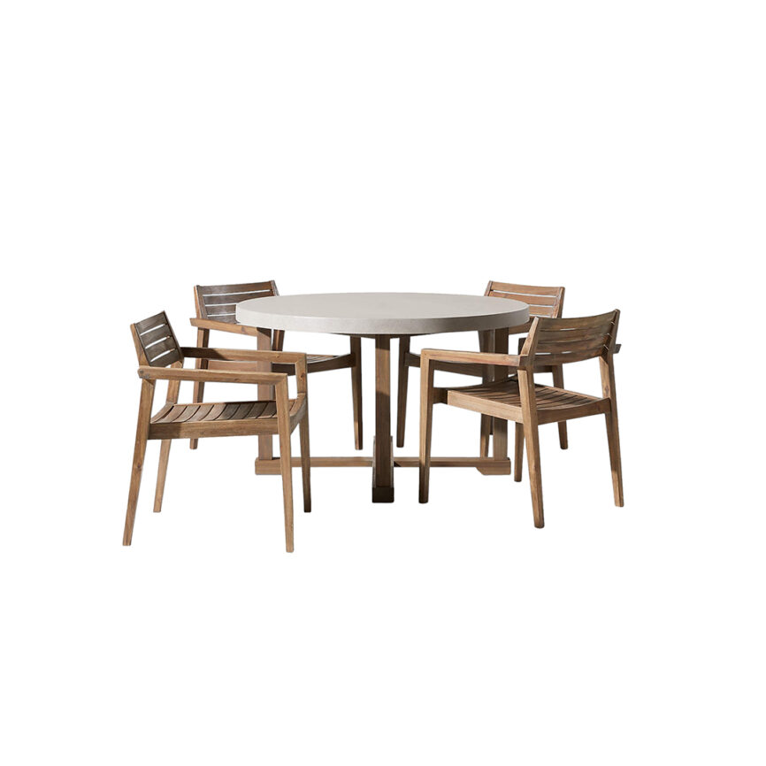 Modern wooden outdoor chair with armrests, crafted from weather-resistant materials, placed on a patio.