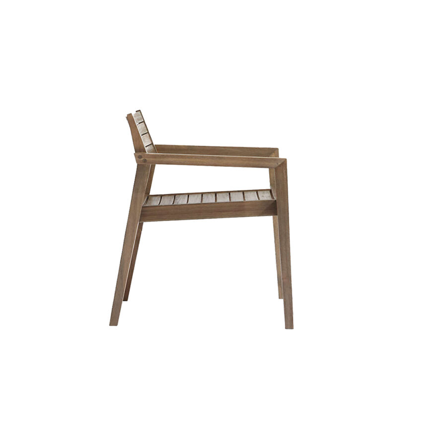 Modern wooden outdoor chair with armrests, crafted from weather-resistant materials, placed on a patio.