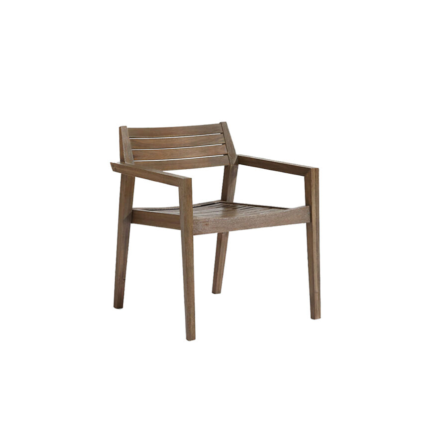 Modern wooden outdoor chair with armrests, crafted from weather-resistant materials, placed on a patio.