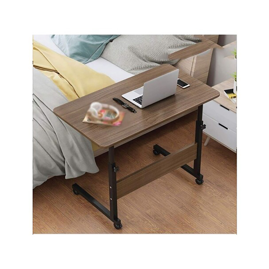 Adjustable brown study table with black metal legs and built-in bookshelf compartment.