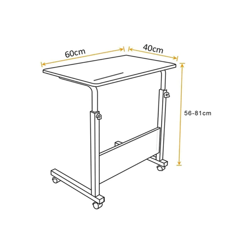 Adjustable brown study table with black metal legs and built-in bookshelf compartment.