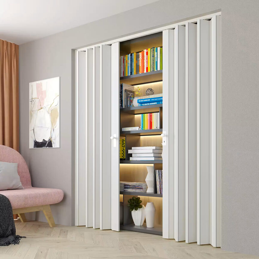 Custom-made classic folding door in beige finish, shown in a two-way configuration - ideal for partitions, closets, or space-saving room dividers..