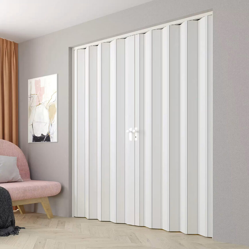 Custom-made classic folding door in beige finish, shown in a two-way configuration - ideal for partitions, closets, or space-saving room dividers..