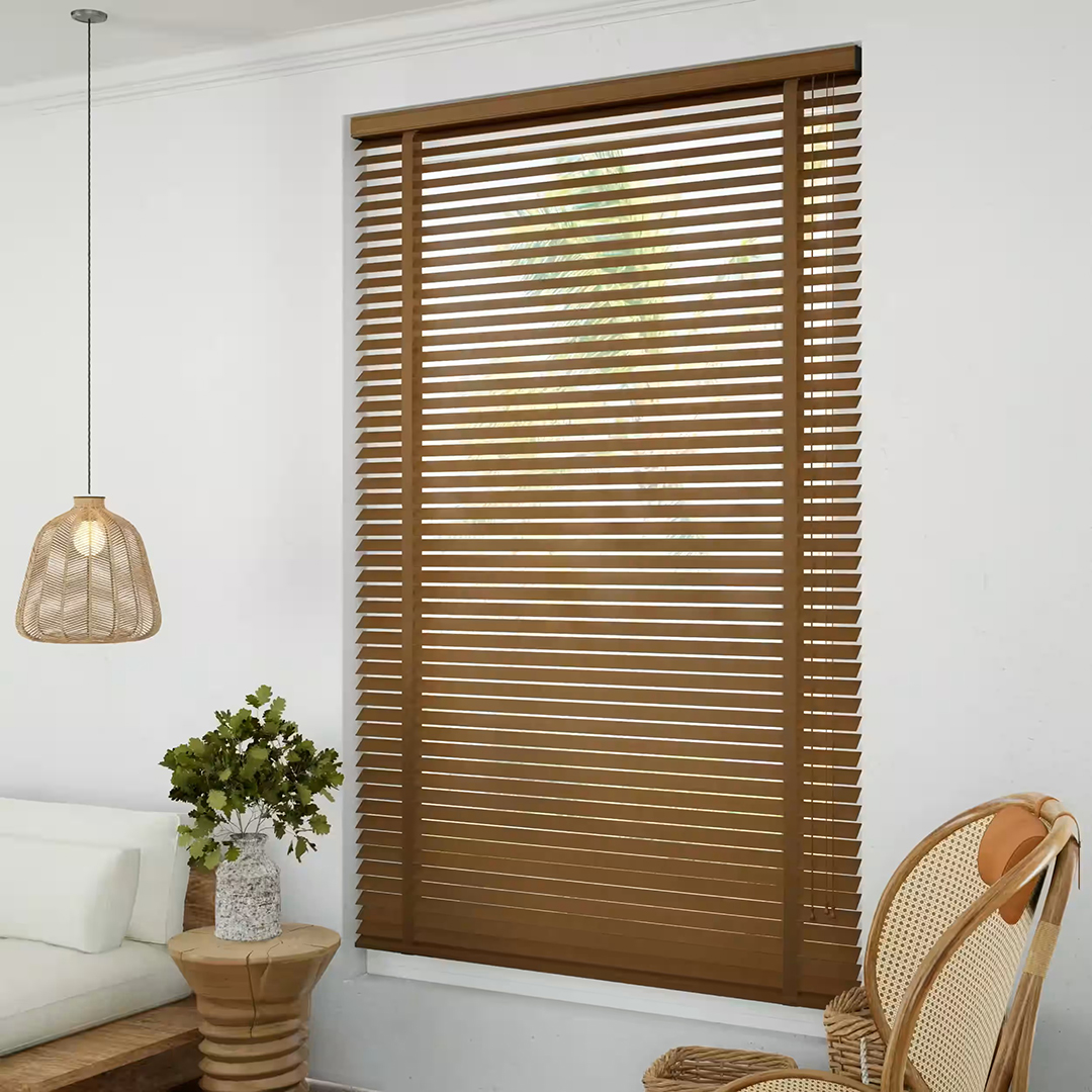 Custom 50mm wooden Venetian blinds in natural finish, available in over 200 tones, with smooth lift mechanism and size customization.