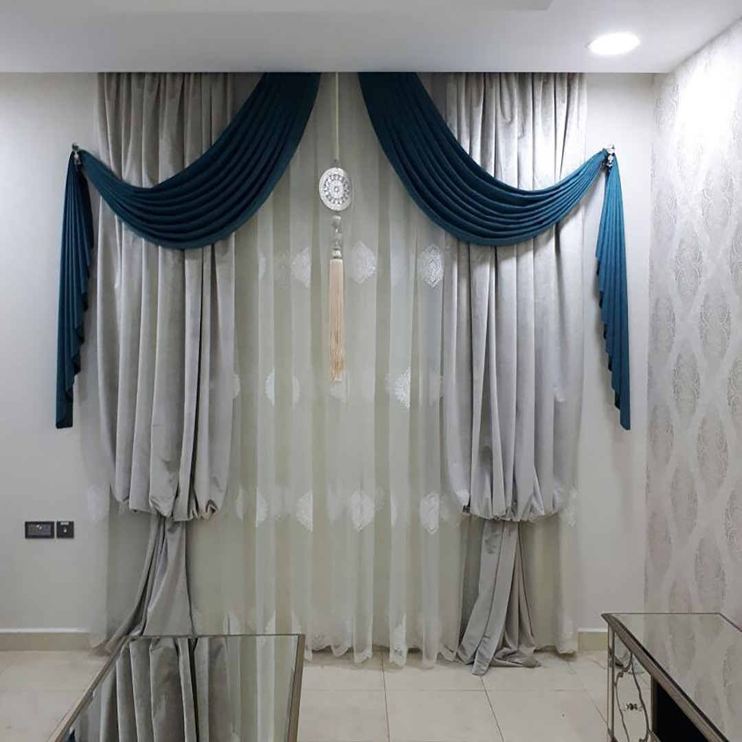 Elegant 3-in-1 curtain with blackout, sheer, and fabric layers, featuring decorative trims and customizable options.