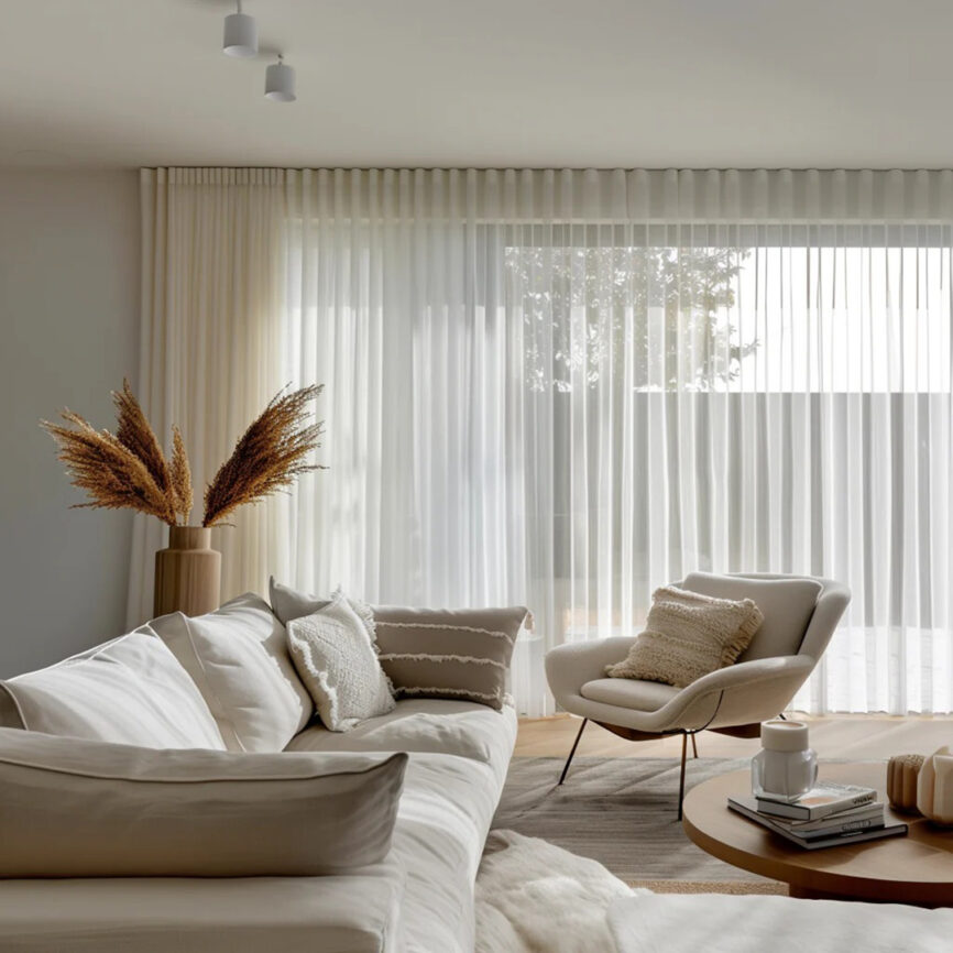 Custom-made elegant sheer curtain in soft fabric, designed to gently filter light while maintaining privacy - ideal for living spaces and open interiors.