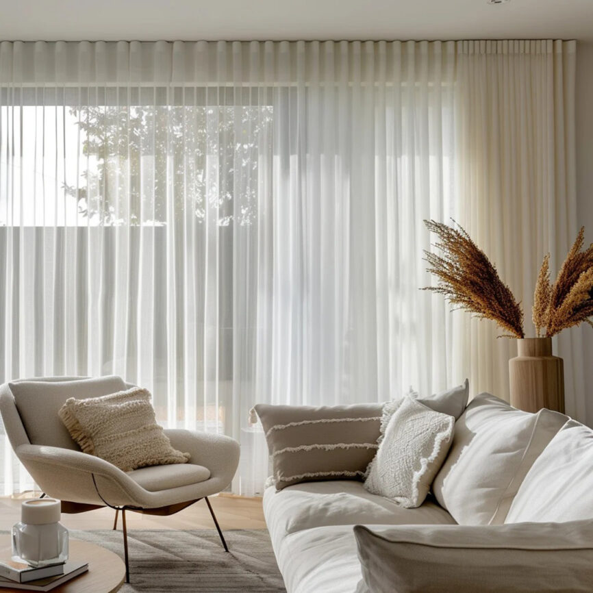 Custom-made elegant sheer curtain in soft fabric, designed to gently filter light while maintaining privacy - ideal for living spaces and open interiors.