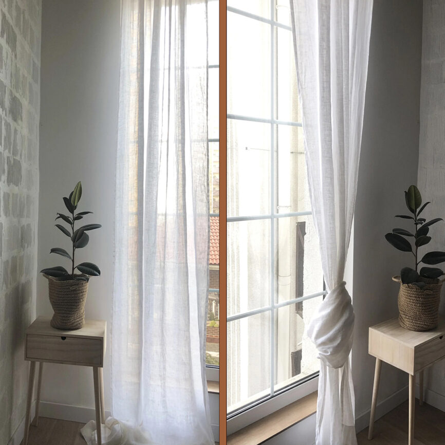Custom-made elegant sheer curtain in soft fabric, designed to gently filter light while maintaining privacy - ideal for living spaces and open interiors.