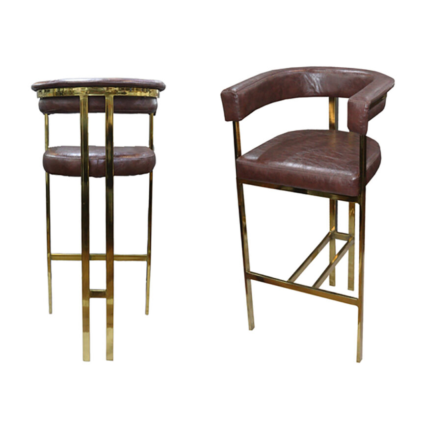 Luxury leather high bar chair with gold steel legs and tall backrest