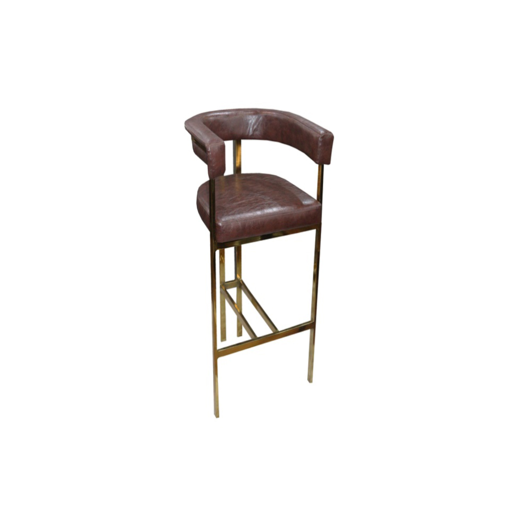 Luxury leather high bar chair with gold steel legs and tall backrest