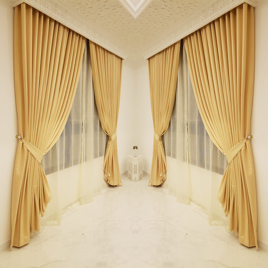 Luxurious golden 2-in-1 curtain with blackout and sheer layers, featuring decorative trims and customizable options.