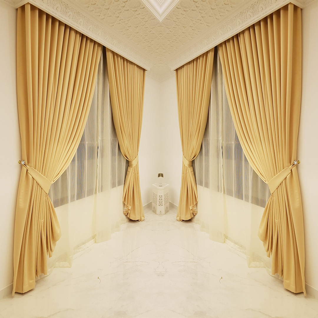 Luxurious golden 2-in-1 curtain with blackout and sheer layers, featuring decorative trims and customizable options.