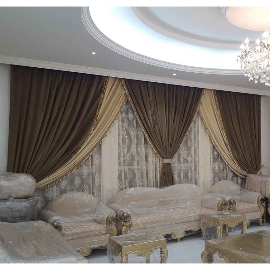 Luxury triple-layer curtain with blackout, sheer, and fabric panels, finished with decorative trims-customizable in size and color.