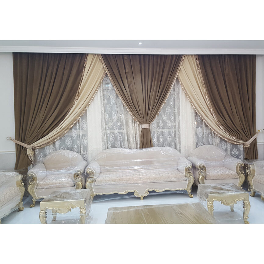 Luxury triple-layer curtain with blackout, sheer, and fabric panels, finished with decorative trims-customizable in size and color.