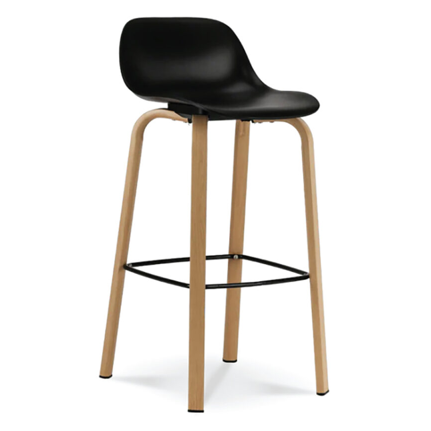 A modern metal chair with bronze-coated legs and a black polypropylene seat, ideal for use in homes, cafes, and restaurants.