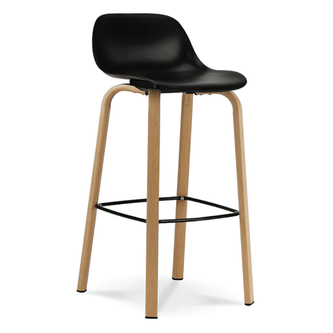 A modern metal chair with bronze-coated legs and a black polypropylene seat, ideal for use in homes, cafes, and restaurants.
