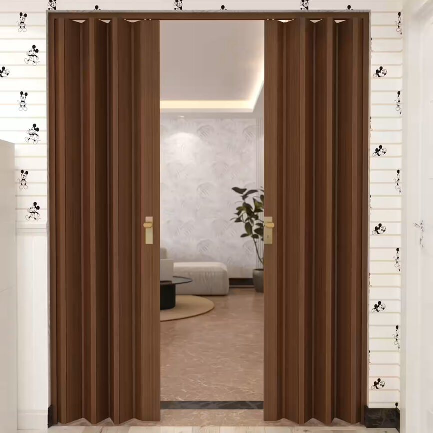 Custom space-saving folding door in a two-way configuration, shown in beige finish - ideal for partitions, closets, or compact interiors.