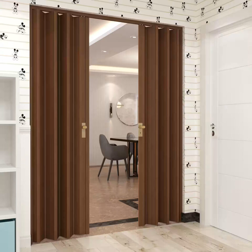 Custom space-saving folding door in a two-way configuration, shown in beige finish - ideal for partitions, closets, or compact interiors.