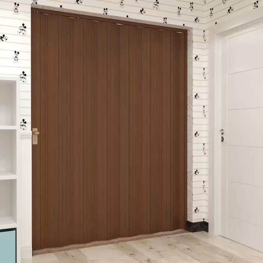 Custom space-saving folding door in a two-way configuration, shown in beige finish - ideal for partitions, closets, or compact interiors.