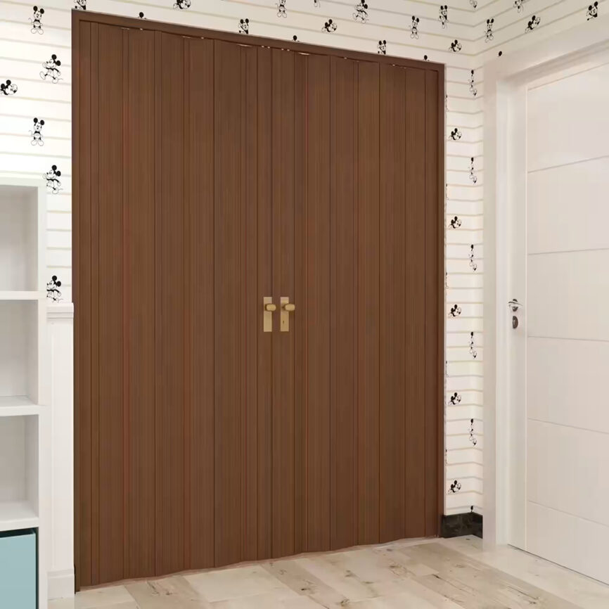 Custom space-saving folding door in a two-way configuration, shown in beige finish - ideal for partitions, closets, or compact interiors.