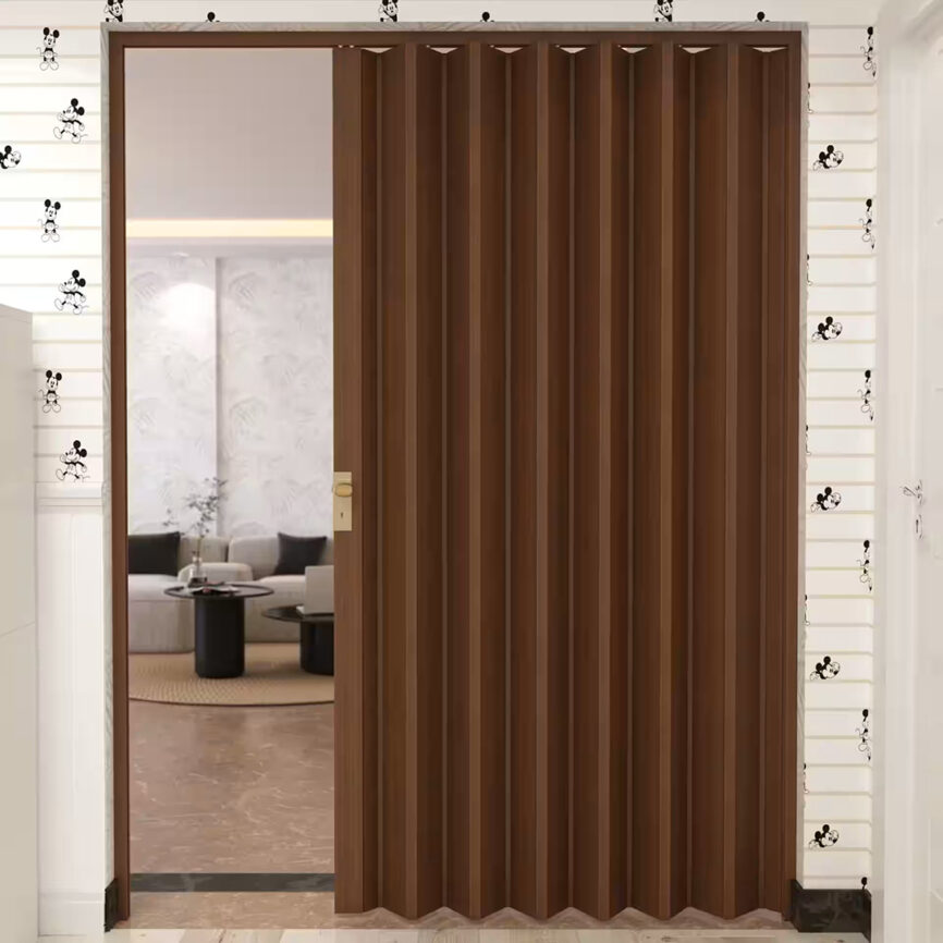 Custom space-saving folding door in a two-way configuration, shown in beige finish - ideal for partitions, closets, or compact interiors.