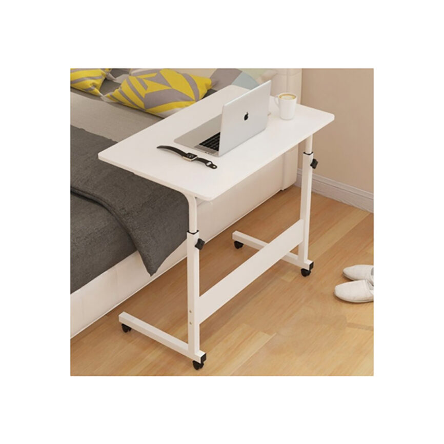 White adjustable study desk with metal frame and compact surface in a modern home office setting.
