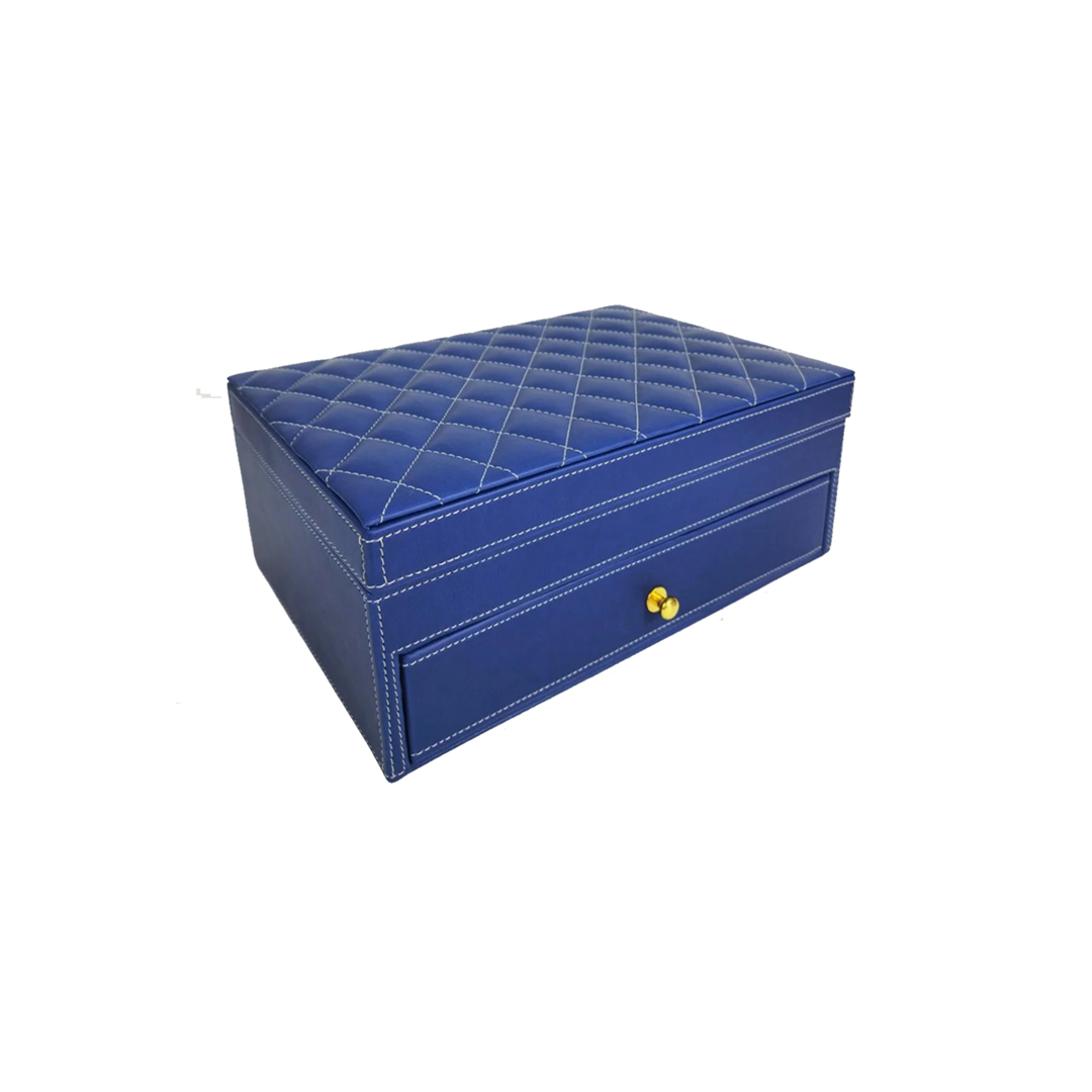 Leather box with two sections, including a pull-out drawer and lid, for elegant storage.