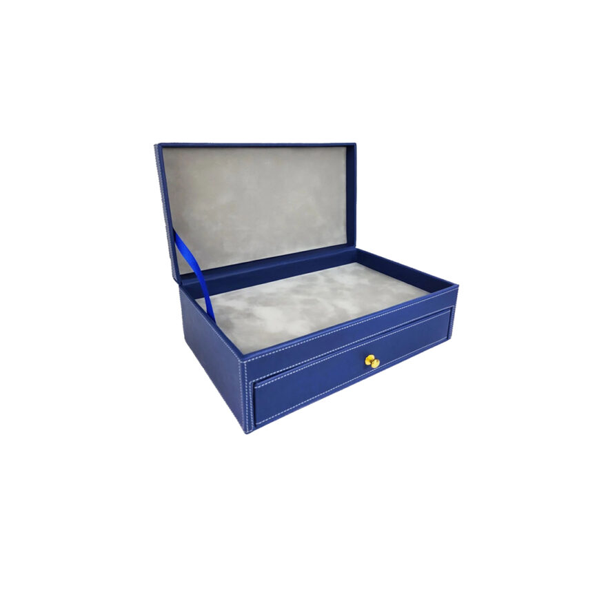 Leather box with two sections, including a pull-out drawer and lid, for elegant storage.