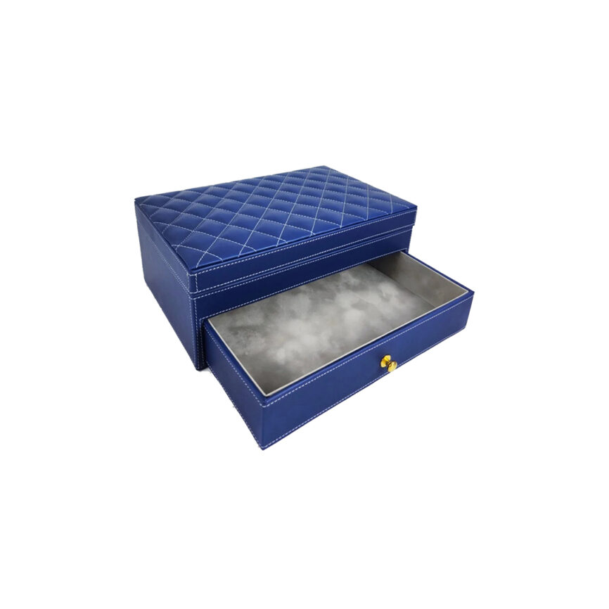 Leather box with two sections, including a pull-out drawer and lid, for elegant storage.