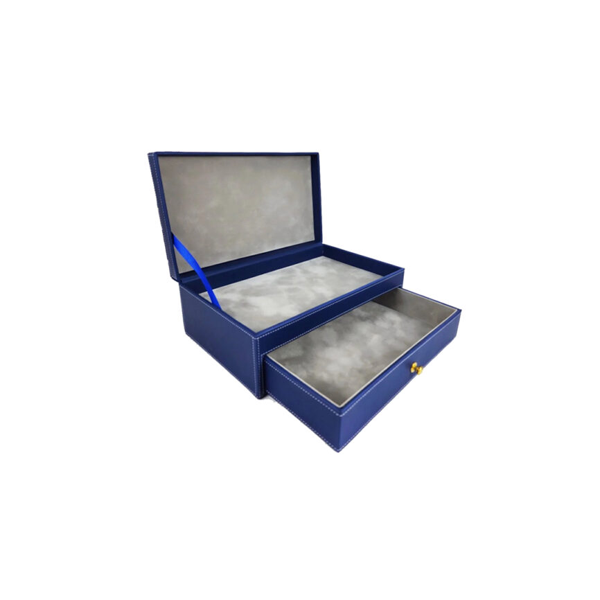 Leather box with two sections, including a pull-out drawer and lid, for elegant storage.