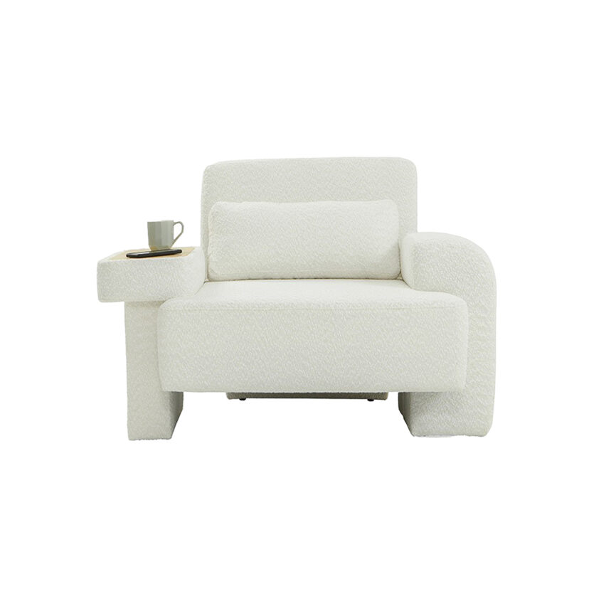 Boucle Armchair (MZF-C2) with high-comfort foam cushioning and sturdy beech wood frame.