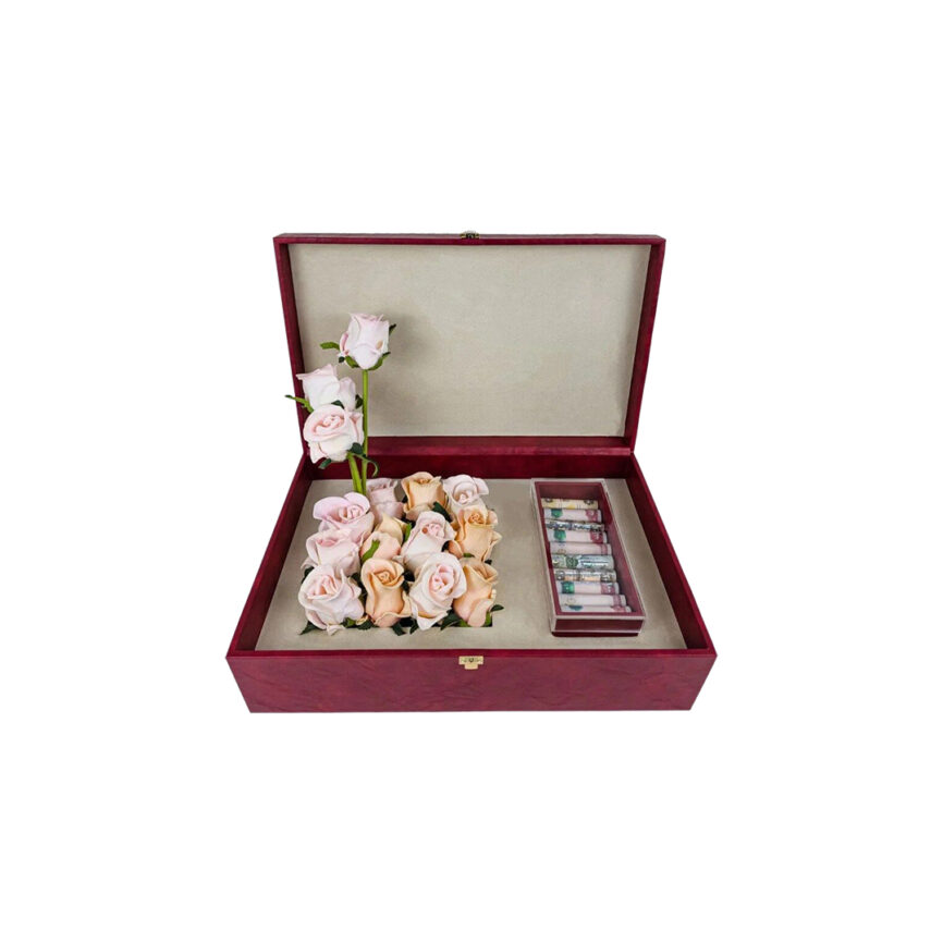 Gift box with elegant design, customizable in size, color, and contents.