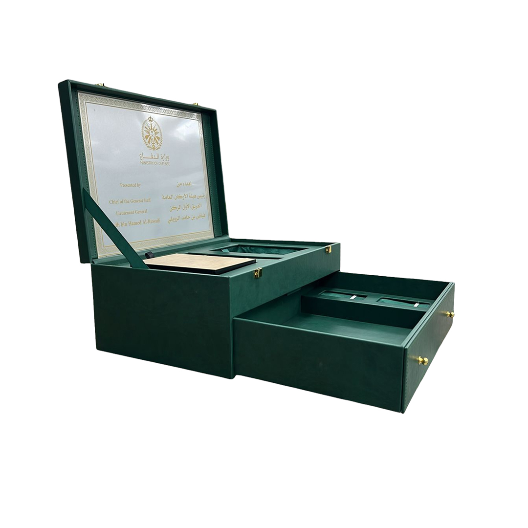 A green gift box with a sleek, customizable design, perfect for various occasions.