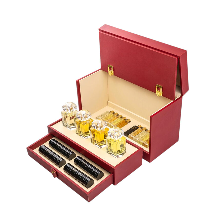 Perfume box showcasing elegant black and gold design labeled "MZF-DBP2."