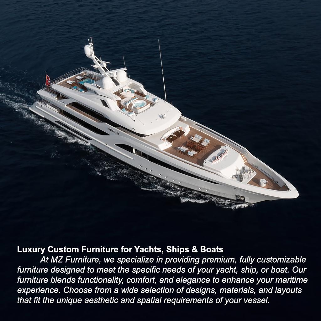Custom luxury furniture installed in a yacht cabin, showcasing marine-grade craftsmanship, elegant finishes, and space-optimized design.