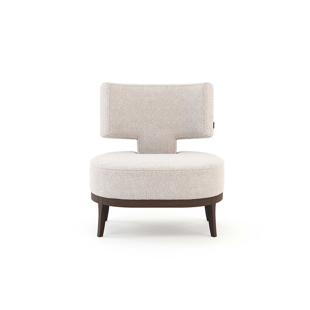 MZF-C4 beige upholstered chair with a stylish backrest design and wooden legs.