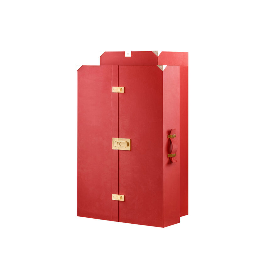 MZ Royal Perfume Cabinet - MZ Luxe Series with red and gold finish, showcasing luxurious compartments and drawers for perfume organization