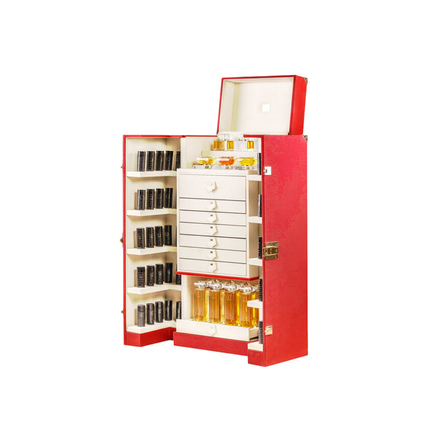 MZ Royal Perfume Cabinet - MZ Luxe Series with red and gold finish, showcasing luxurious compartments and drawers for perfume organization