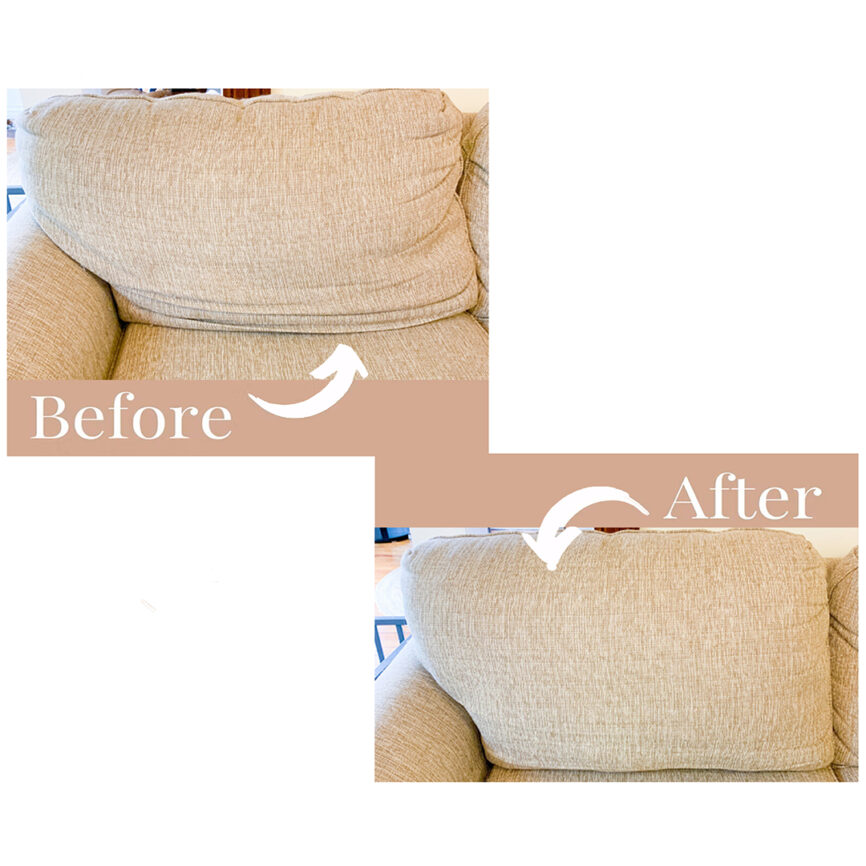 Before and after images of a sofa reupholstery service, showing a worn-out sofa transformed into a newly upholstered one
