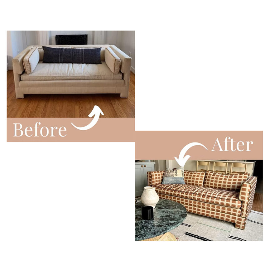 Before and after images of a sofa reupholstery service, showing a worn-out sofa transformed into a newly upholstered one