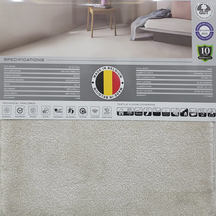 A close-up of the Absolute Comfort Carpet, featuring a plain, refined surface with a soft texture and elegant finish.