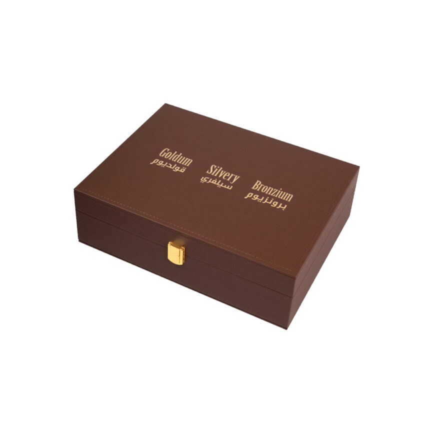 Elegant storage box with premium leather upholstery and gold accents for luxury organization.