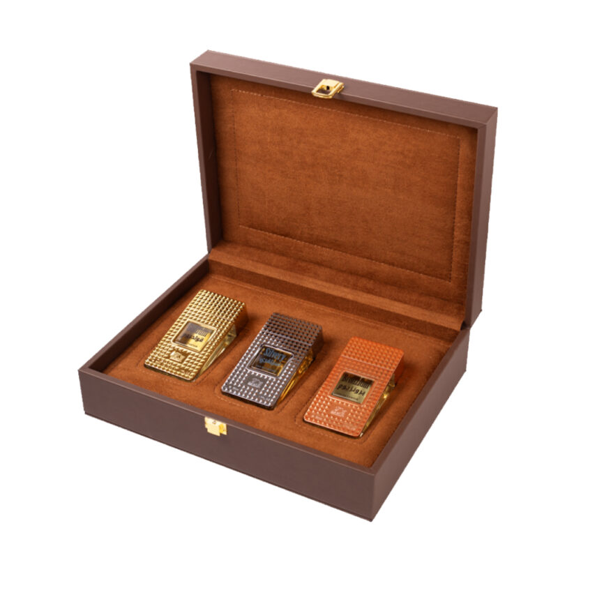 Elegant storage box with premium leather upholstery and gold accents for luxury organization.