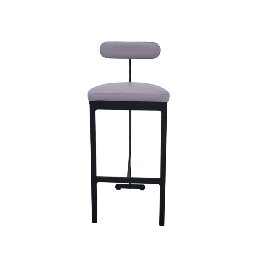 A detailed product image of the CUTE BAR CHAIR, showing dimensions and design features, including its sleek metal frame, cushioned seat, and black powder-coated finish.