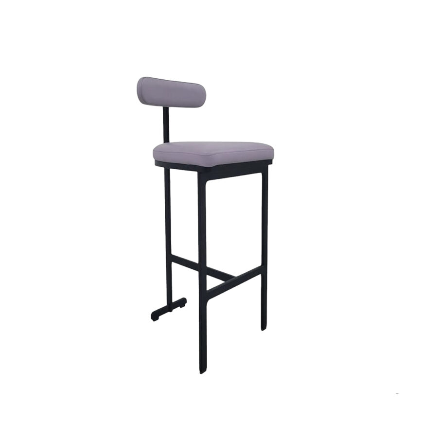 A detailed product image of the CUTE BAR CHAIR, showing dimensions and design features, including its sleek metal frame, cushioned seat, and black powder-coated finish.