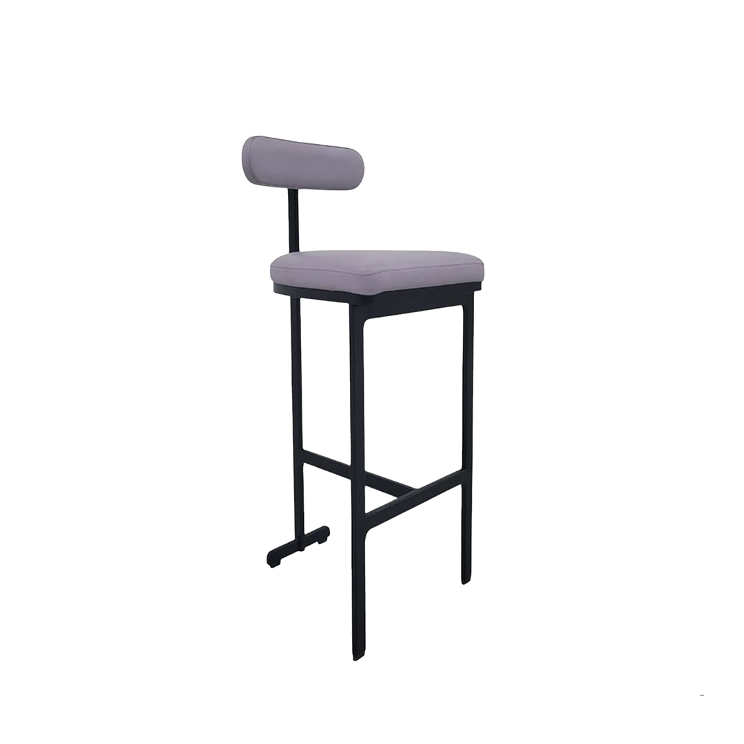 A detailed product image of the CUTE BAR CHAIR, showing dimensions and design features, including its sleek metal frame, cushioned seat, and black powder-coated finish.