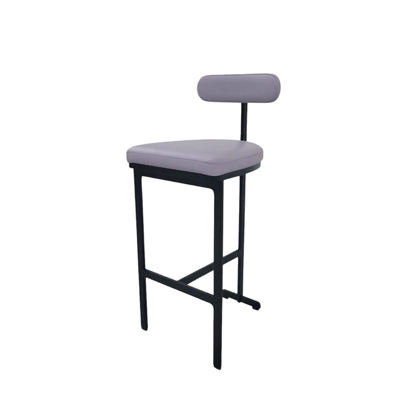 A detailed product image of the CUTE BAR CHAIR, showing dimensions and design features, including its sleek metal frame, cushioned seat, and black powder-coated finish.