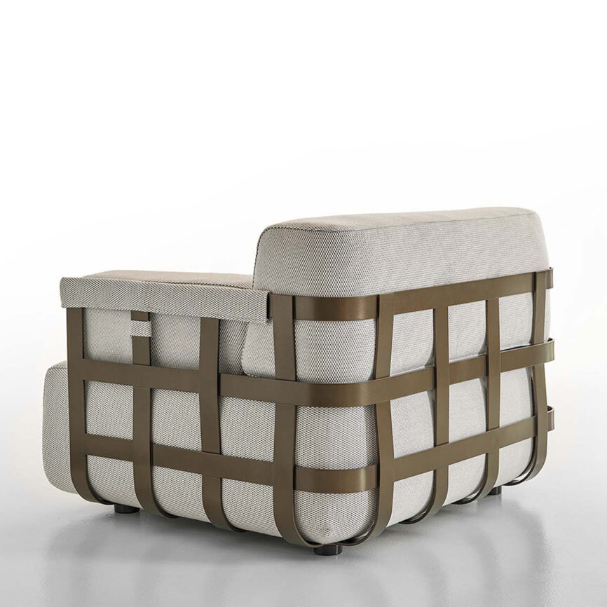 Luxury armchair with customizable chrome, brass, or gold mirror-finish stainless steel frame and upholstered seat - ideal for yachts or upscale interiors in the UAE.