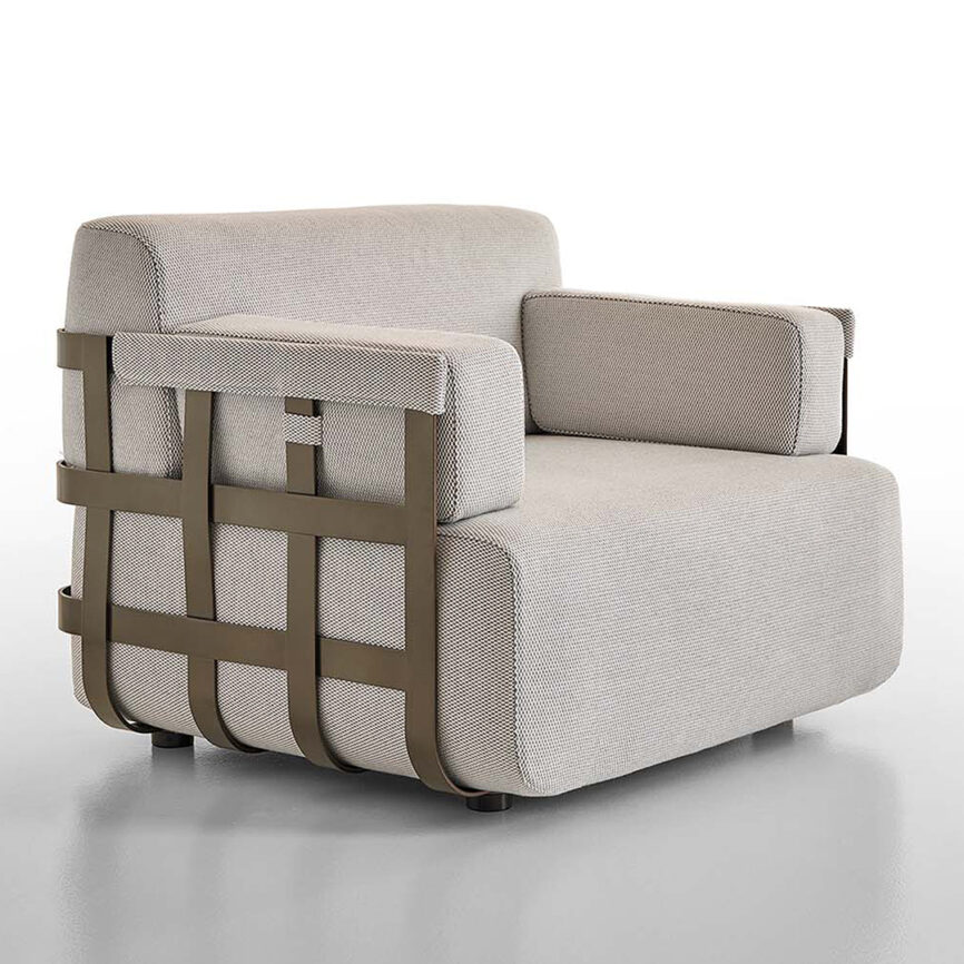Luxury armchair with customizable chrome, brass, or gold mirror-finish stainless steel frame and upholstered seat - ideal for yachts or upscale interiors in the UAE.